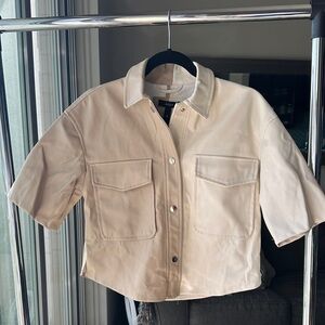 Aqua Cream and Tan Faux Leather Button Down Top